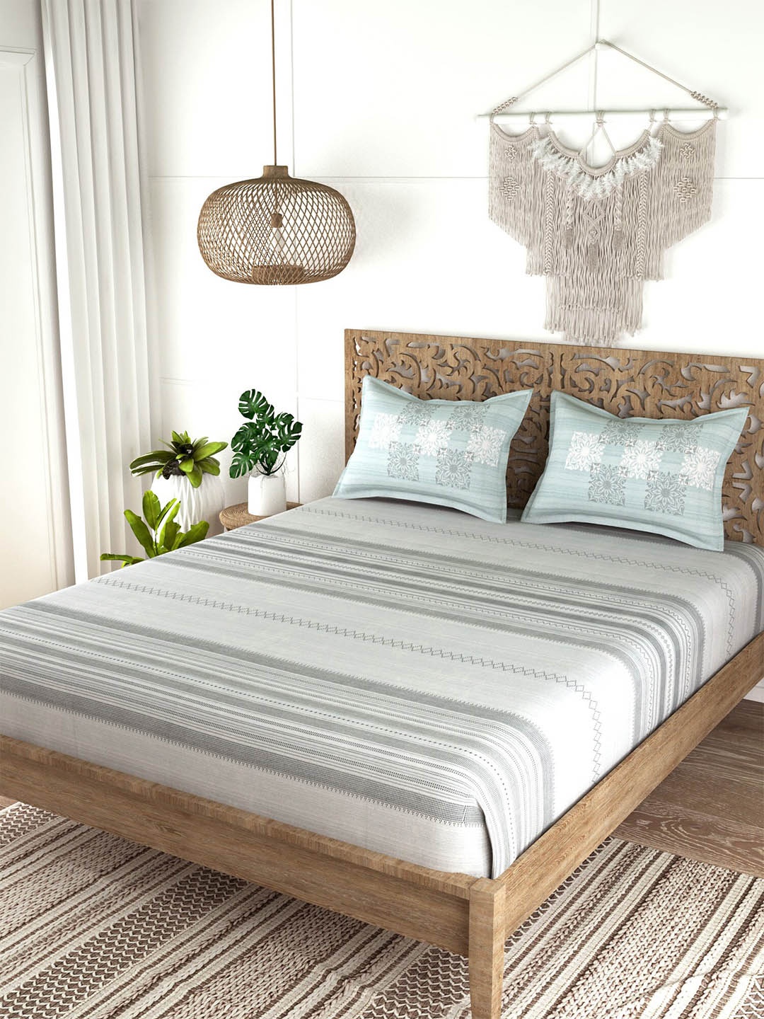 

EverHOME White & Green Striped 210 TC King Cotton Bedsheet with 2 Pillow Covers