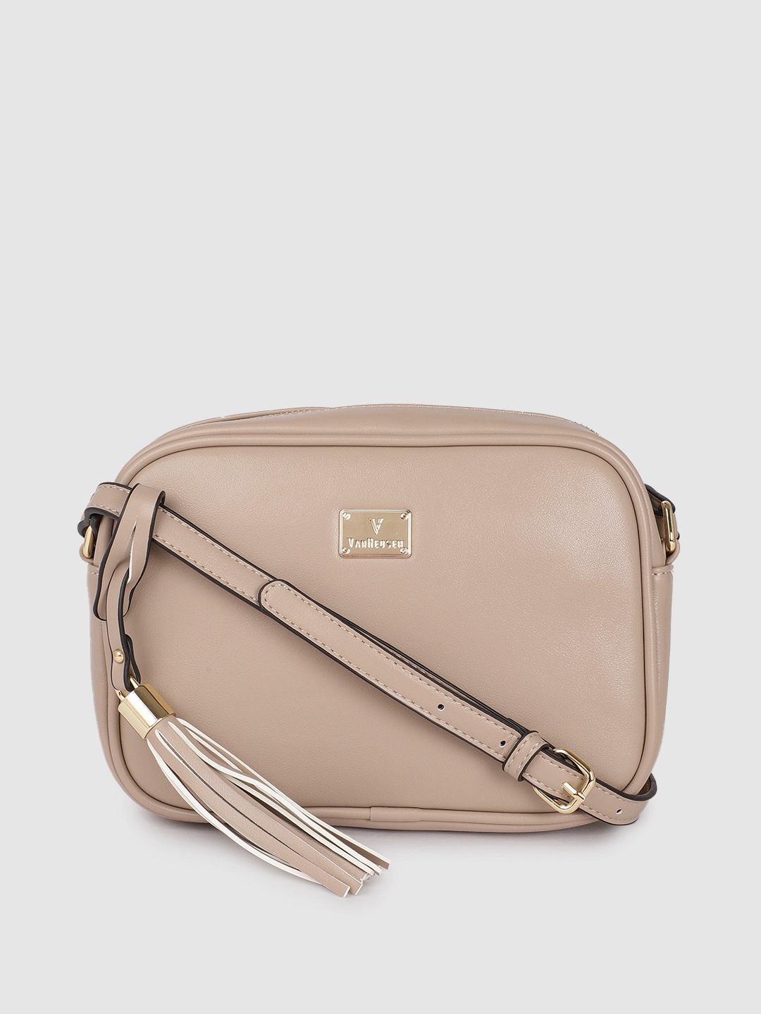 

Van Heusen Beige Solid Structured Sling Bag with Tasselled