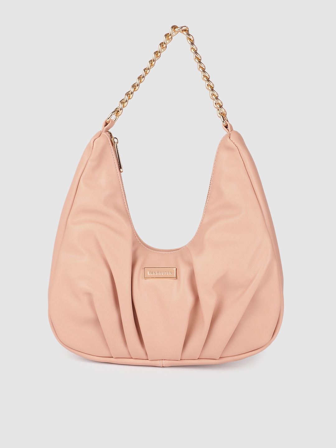 

Van Heusen Peach-Coloured Solid Structured Hobo Bag