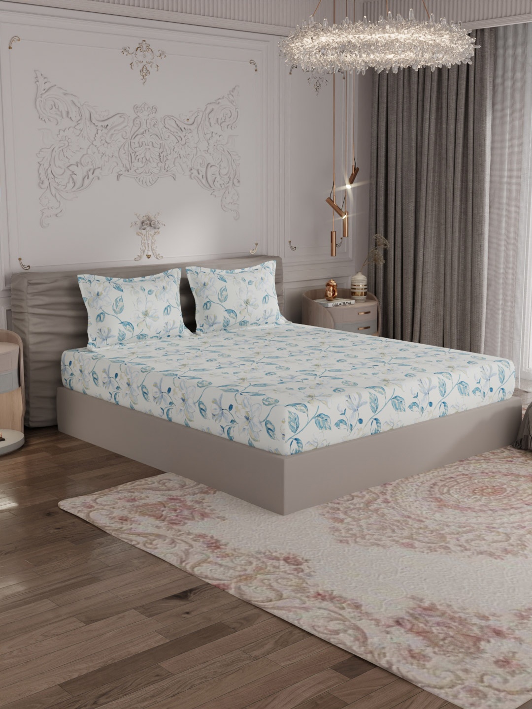 

ROSARA HOME Blue & Off White Floral 300 TC King Bedsheet with 2 Pillow Covers