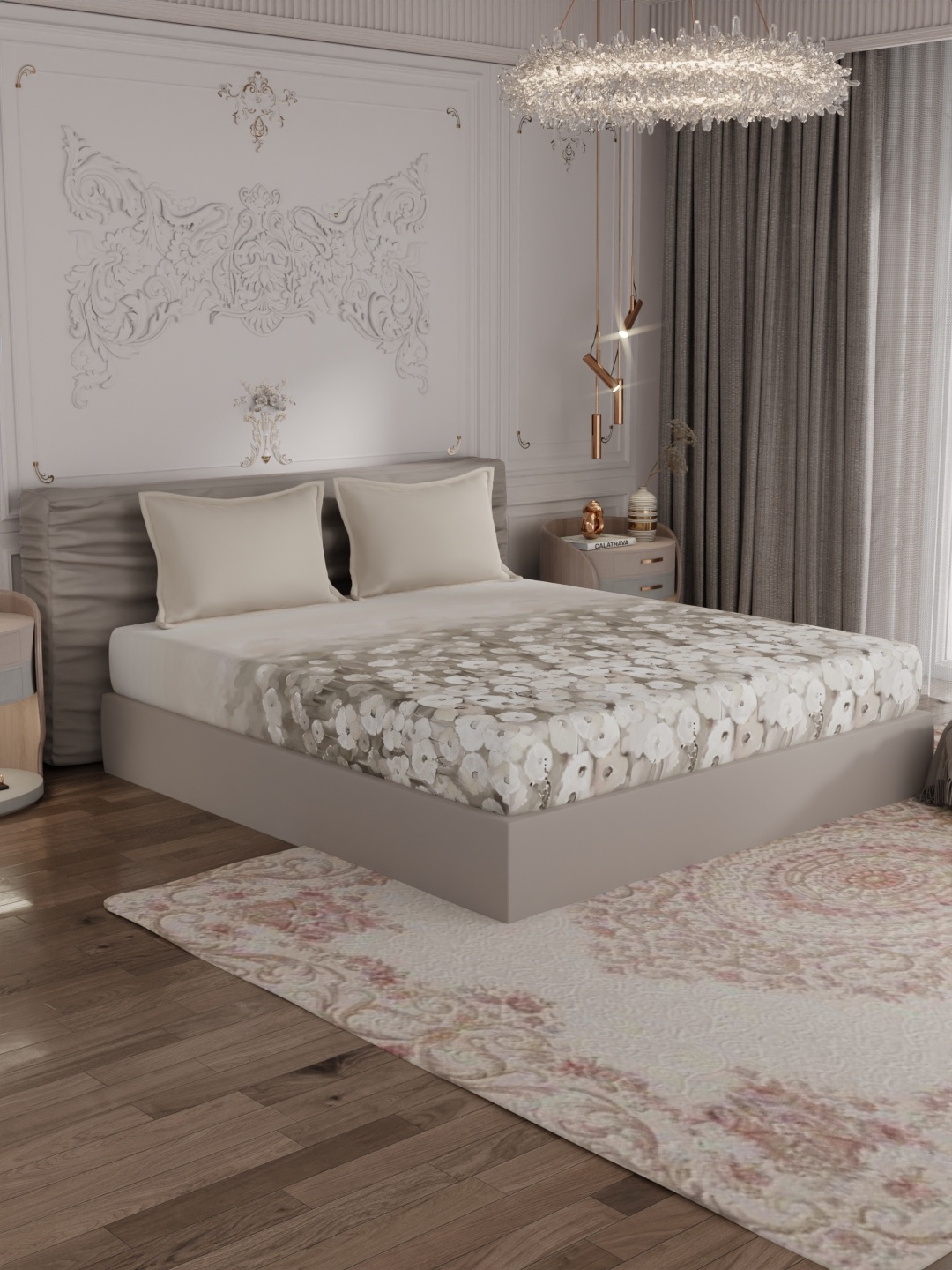 

ROSARA HOME Taupe & Grey Floral 300 TC Queen Bedsheet with 2 Pillow Covers