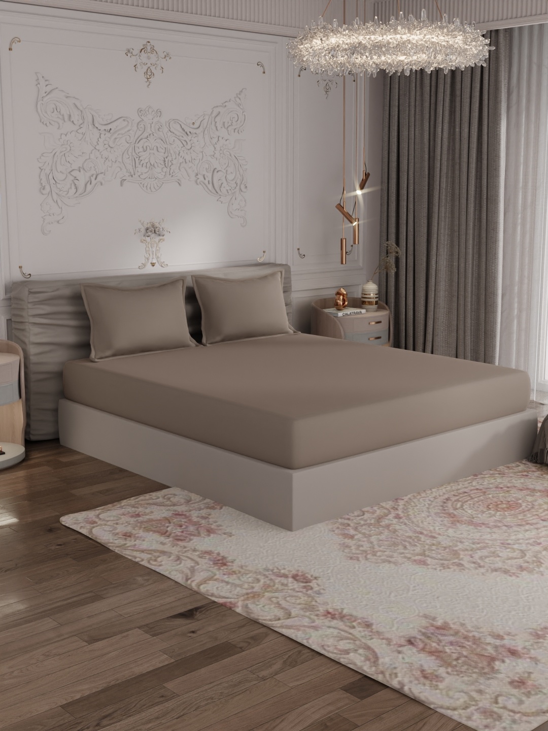 

ROSARA HOME Taupe & Beige Floral 400 TC King Bedsheet with 2 Pillow Covers