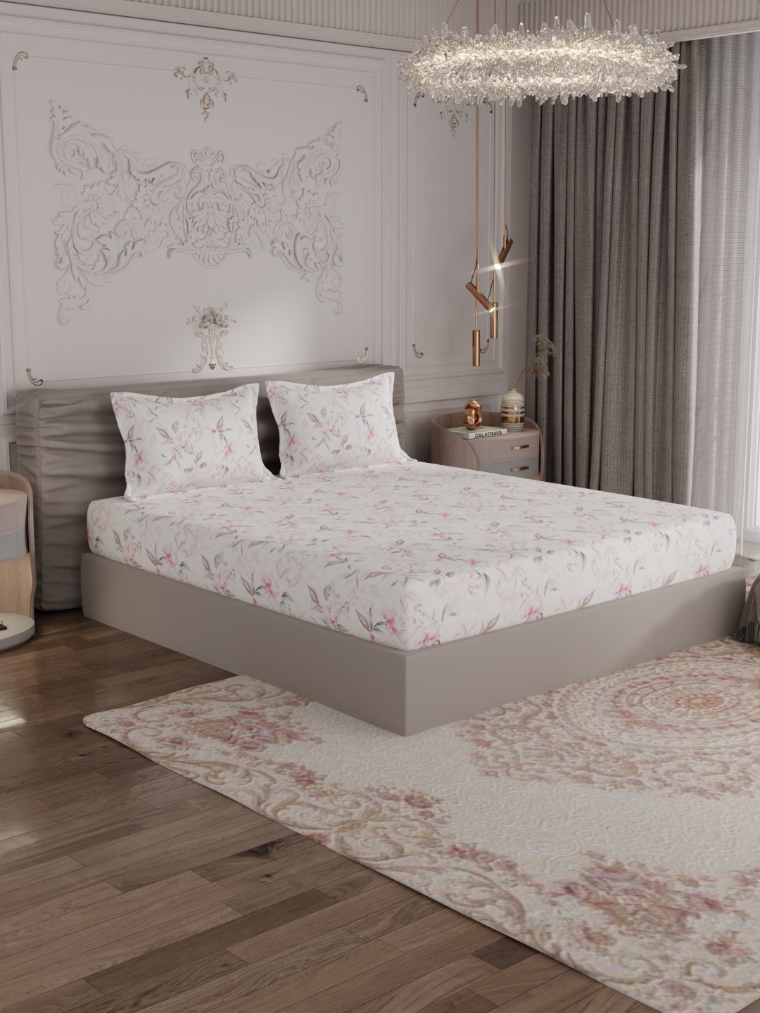 

ROSARA HOME Nude-Coloured & Pink Floral 300 TC King Bedsheet with 2 Pillow Covers
