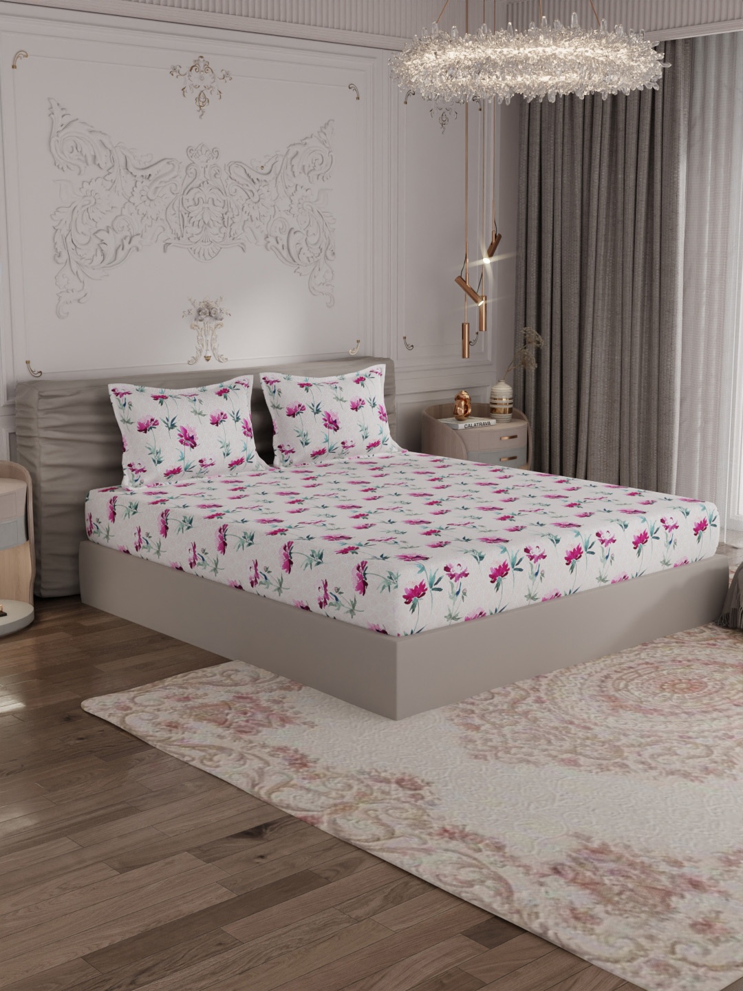

ROSARA HOME White & Pink Floral Cotton 300 TC King Bedsheet with 2 Pillow Covers