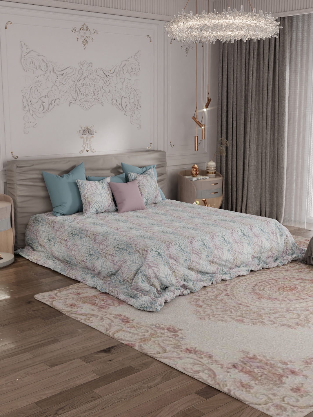 

ROSARA HOME Grey & Blue Graphic 300 TC Queen Bedsheet with 2 Pillow Covers