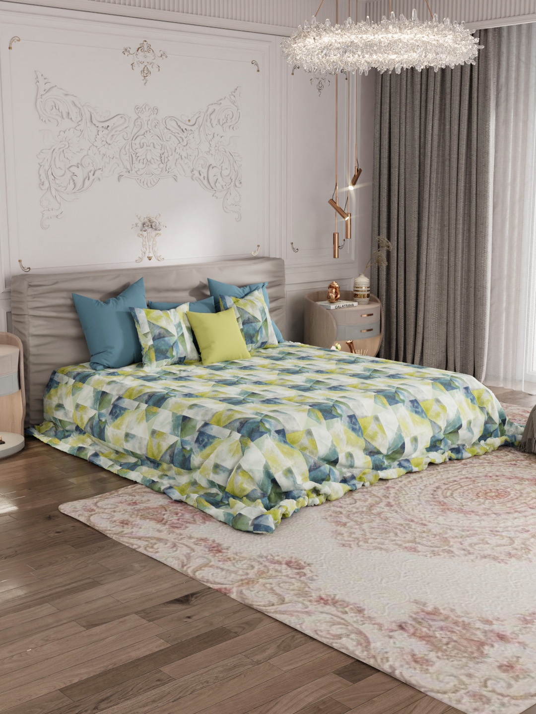 

ROSARA HOME Off White & Green 300 TC King Cotton Bedsheet with 2 Pillow Covers