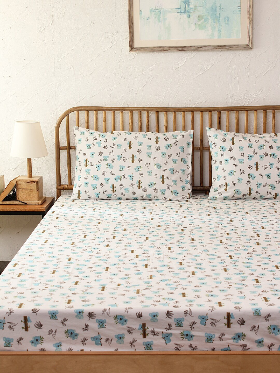 

House This White & Blue Printed Cotton Double Queen Bedding Set