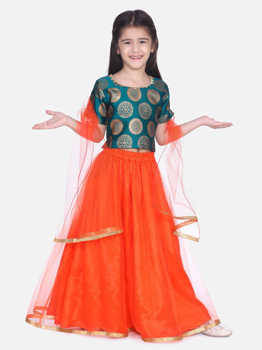 

BownBee Girls Green & Orange Ready to Wear Lehenga & Blouse With Dupatta