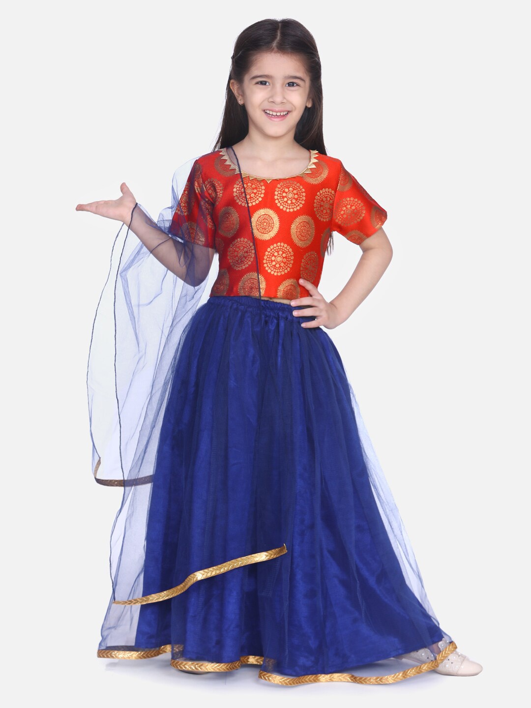 

BownBee Girls Orange & Blue Lehenga & Blouse With Dupatta