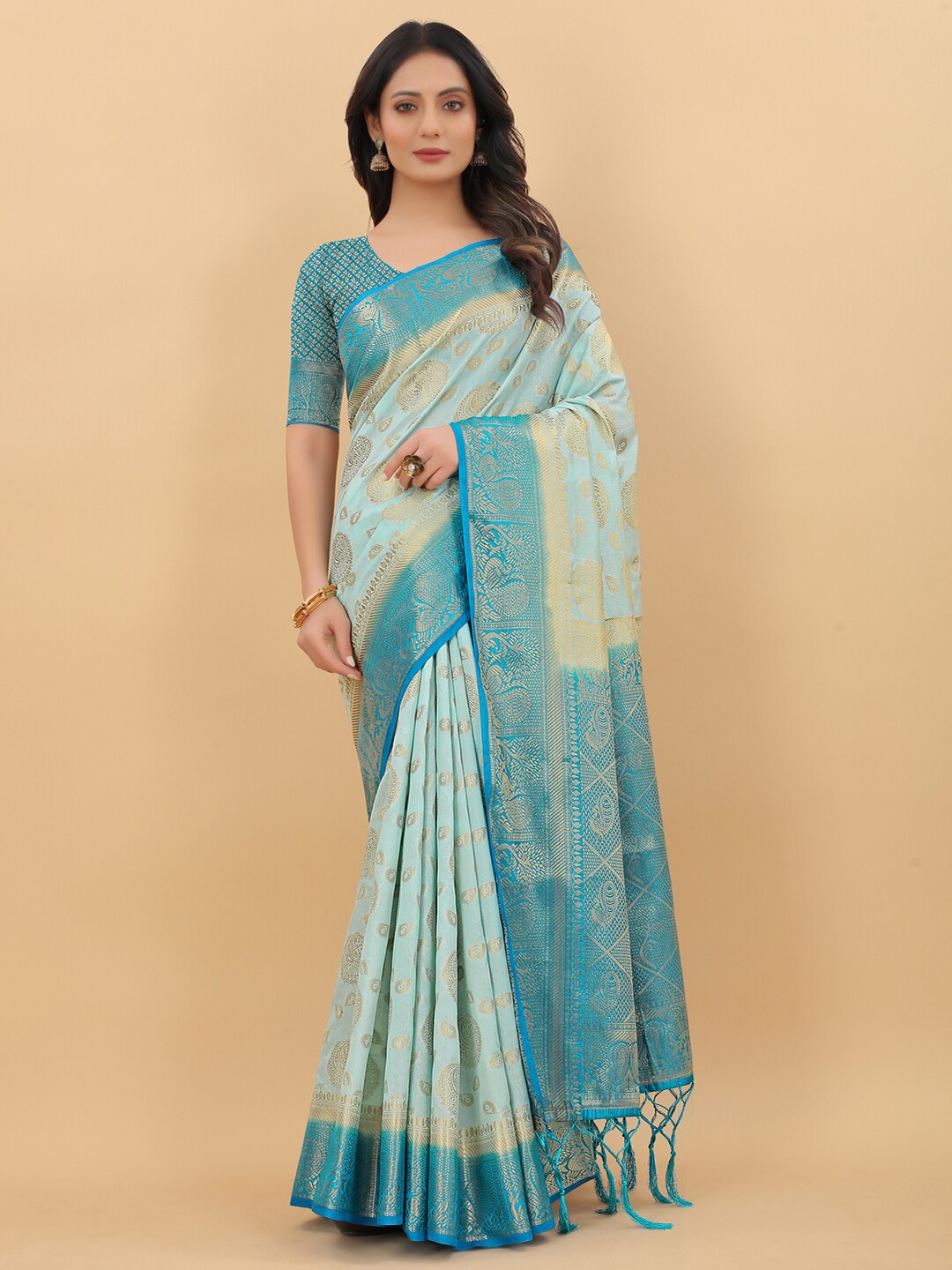 

LINARO LIFESTYLES Blue & Gold-Toned Woven Design Pure Silk Banarasi Saree