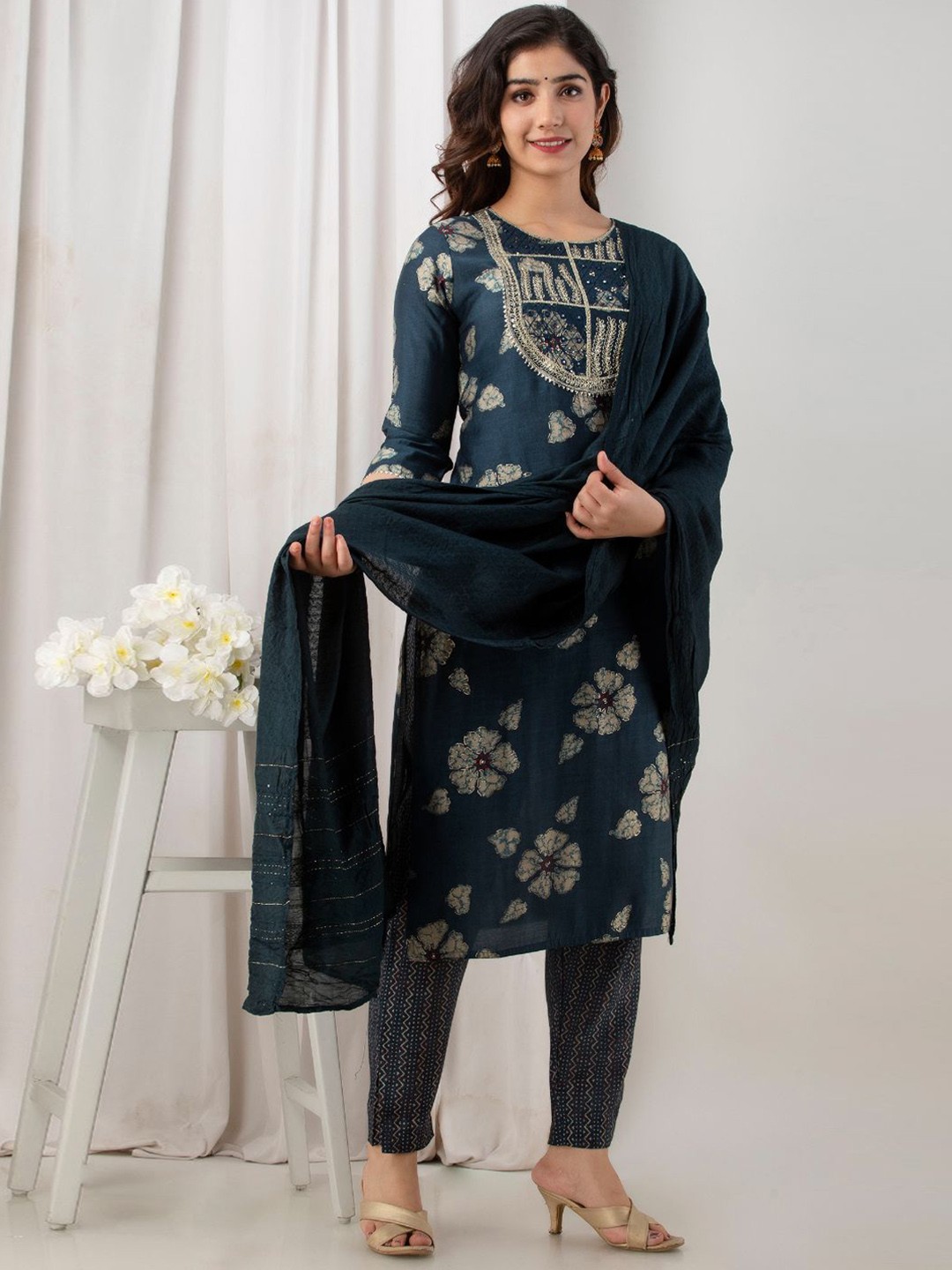 

Kesarya Women Navy Blue Ethnic Motifs Embroidered Pure Silk Kurta with Trousers & With Dupatta