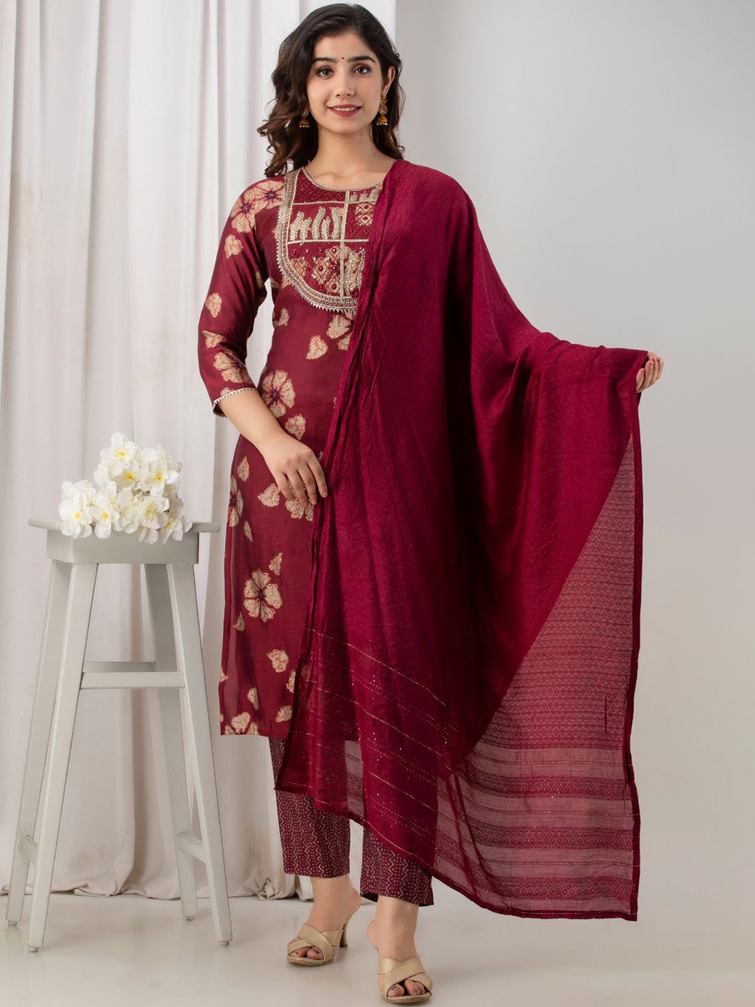 

Kesarya Women Maroon Ethnic Motifs Embroidered Pure Silk Kurta with Trousers & With Dupatta