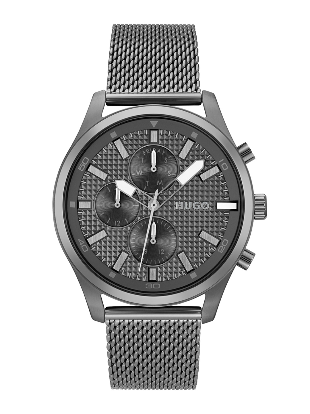 

HUGO Men Grey Chase Patterned Bracelet Style Analogue Multi Function Watch 1530261