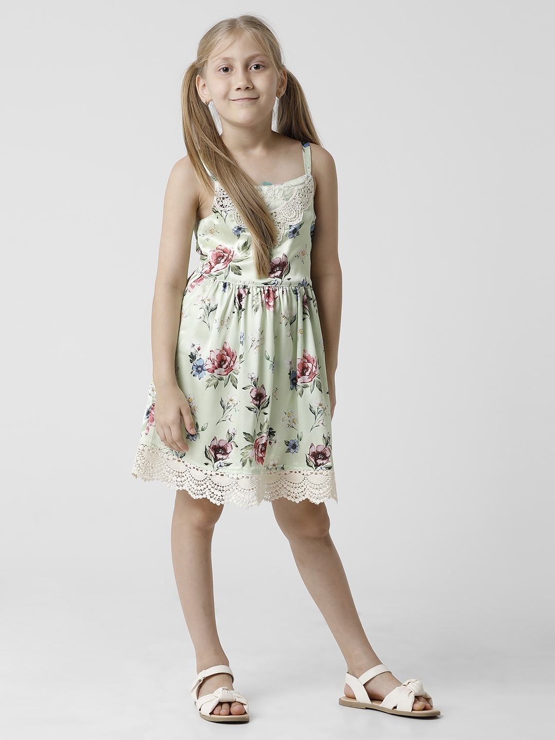 

KATE & OSCAR Girls Yellow Floral Printed Satin Dress