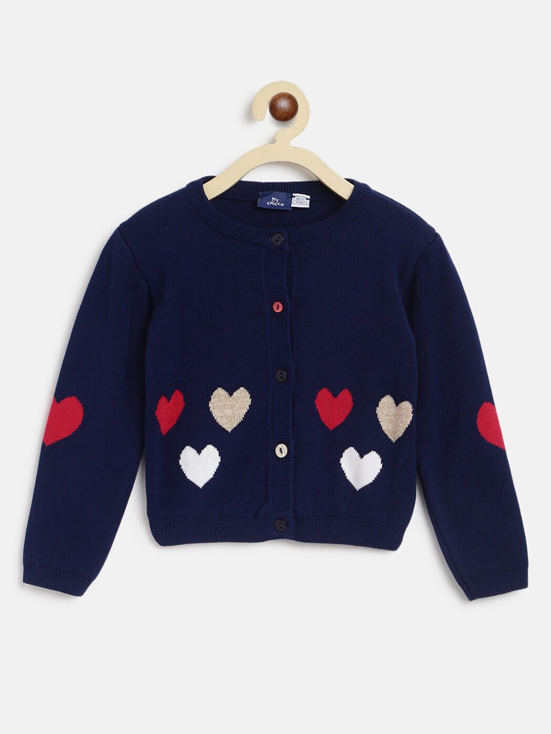 

Chicco Kids Girls Navy Blue And Red Heart Print Long Sleeves Cotton Cardigan
