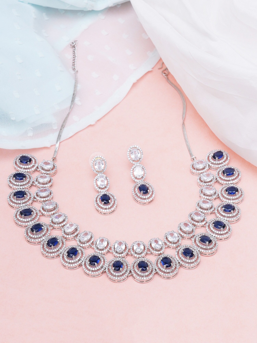 

KARATCART Rhodium-Plated Silver-Toned Blue AD Studded Jewellery Set