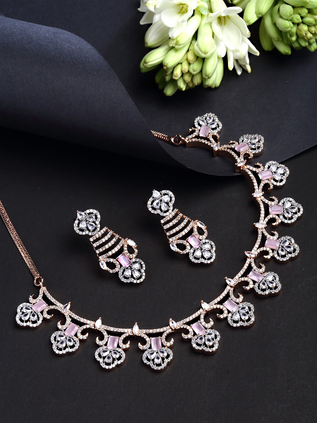 

KARATCART Rose Gold-Plated Pink & White CZ Studded Jewellery Set