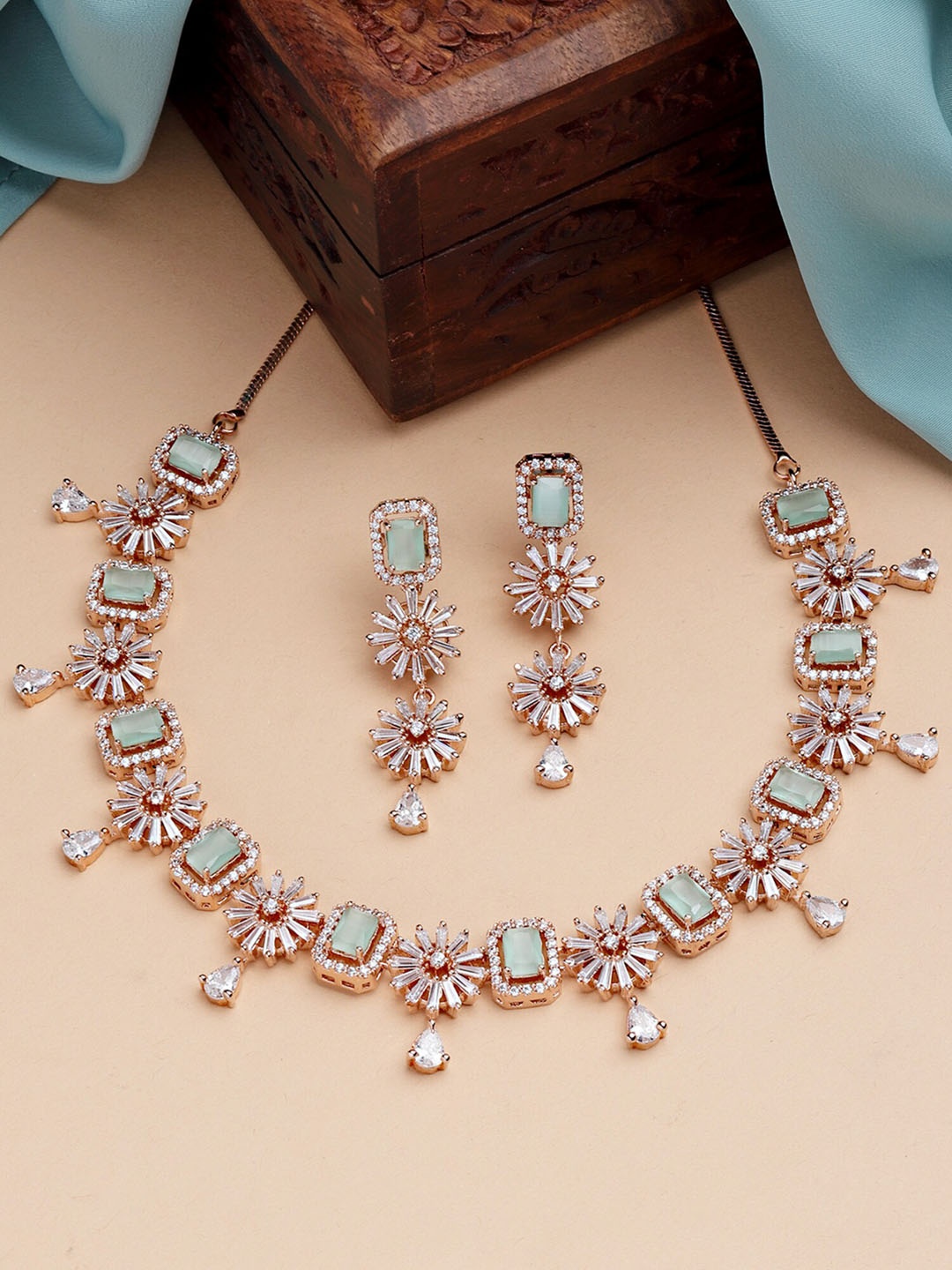 

KARATCART Rose Gold-Plated Sea Green AD-Studded & Beaded Jewellery Set