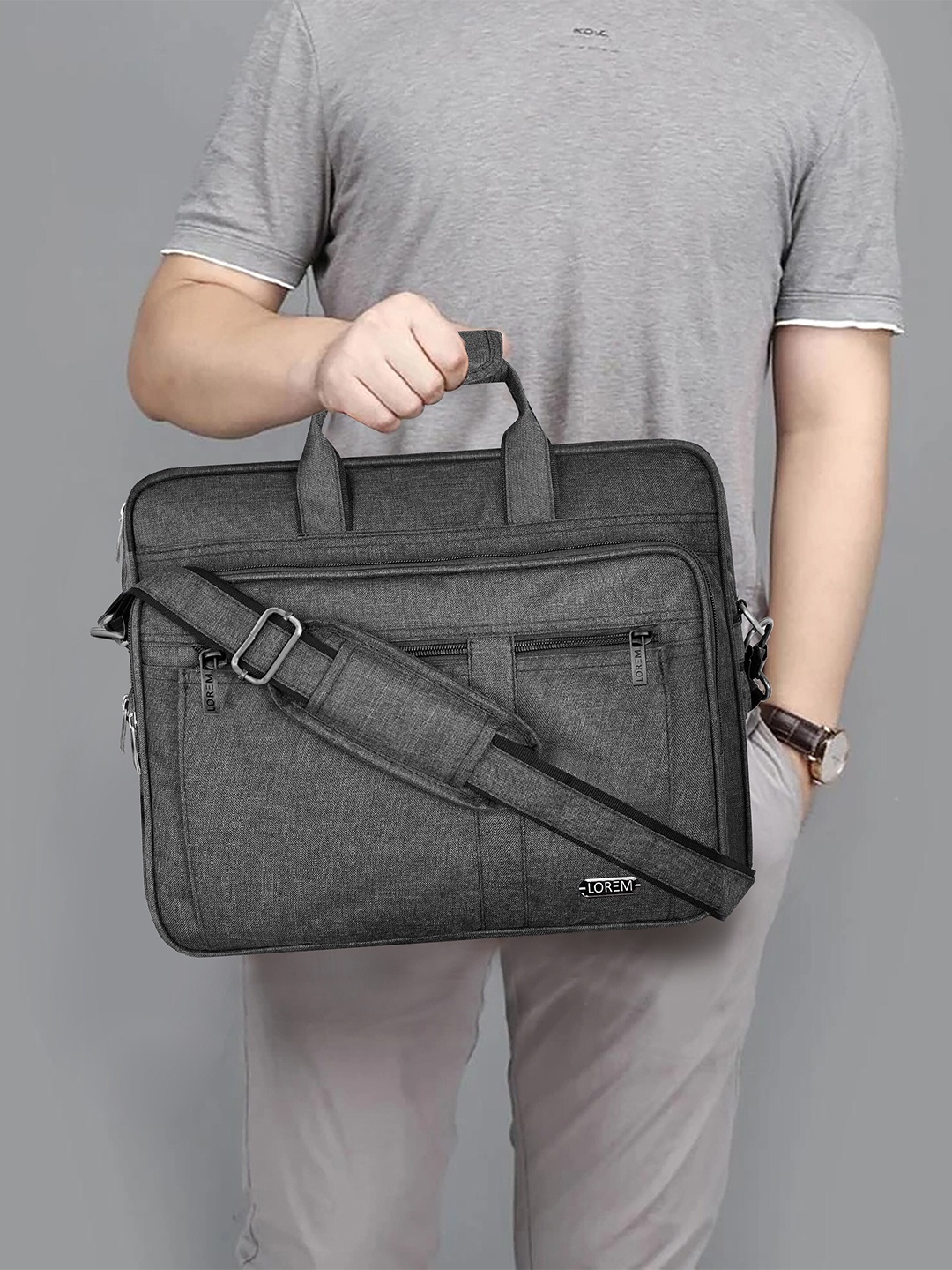 

LOREM Men Grey Textured Laptop Bag