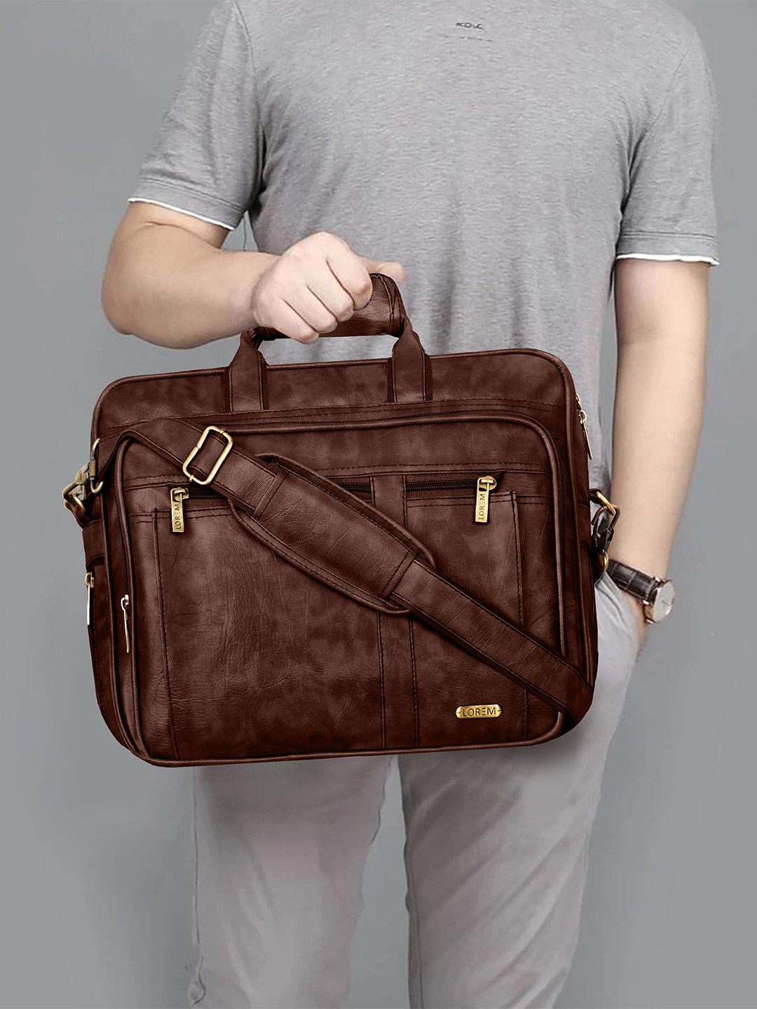 

LOREM Men Brown Textured Synthetic Laptop Bag