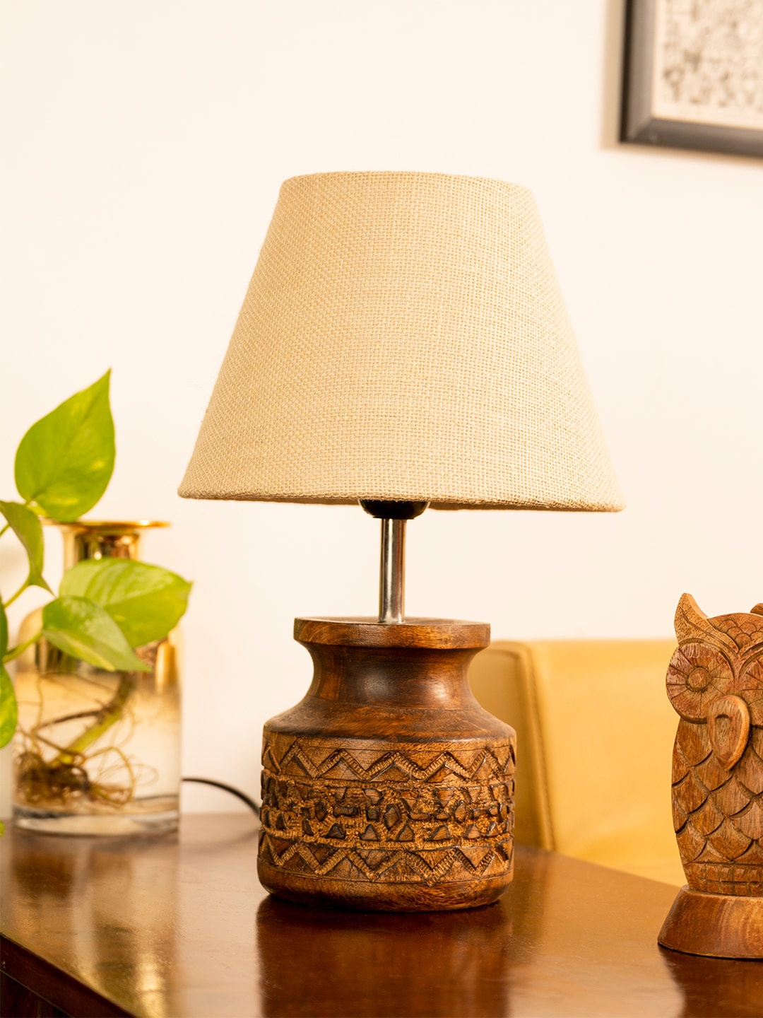 

green girgit White & Brown Wooden Carved Lamp with Shade