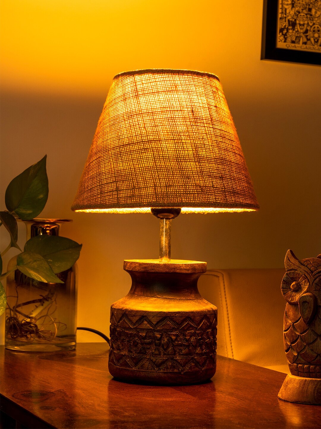 

green girgit Brown Wooden Carved Lamp with Jute Shade