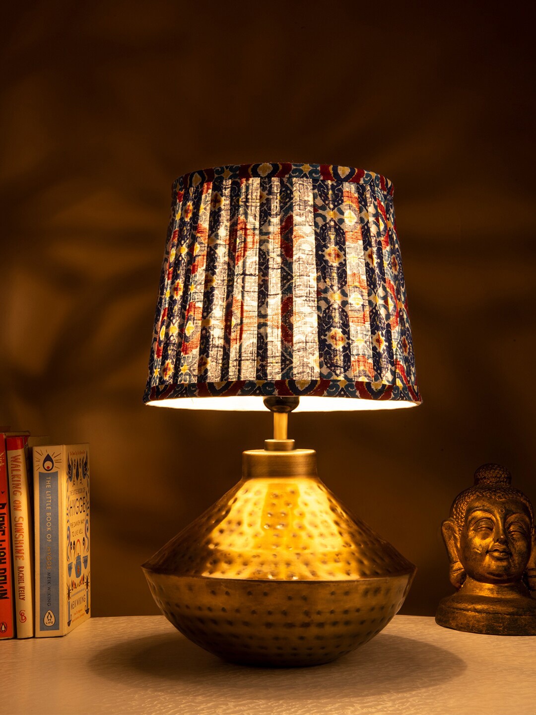 

green girgit Blue Printed Shade Hammered Table Lamp
