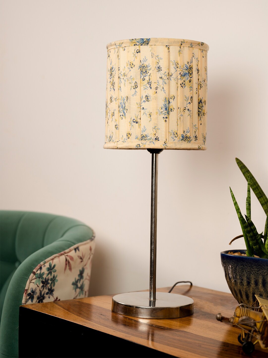 

green girgit Beige Printed Metal Chrome Finish Table Lamp