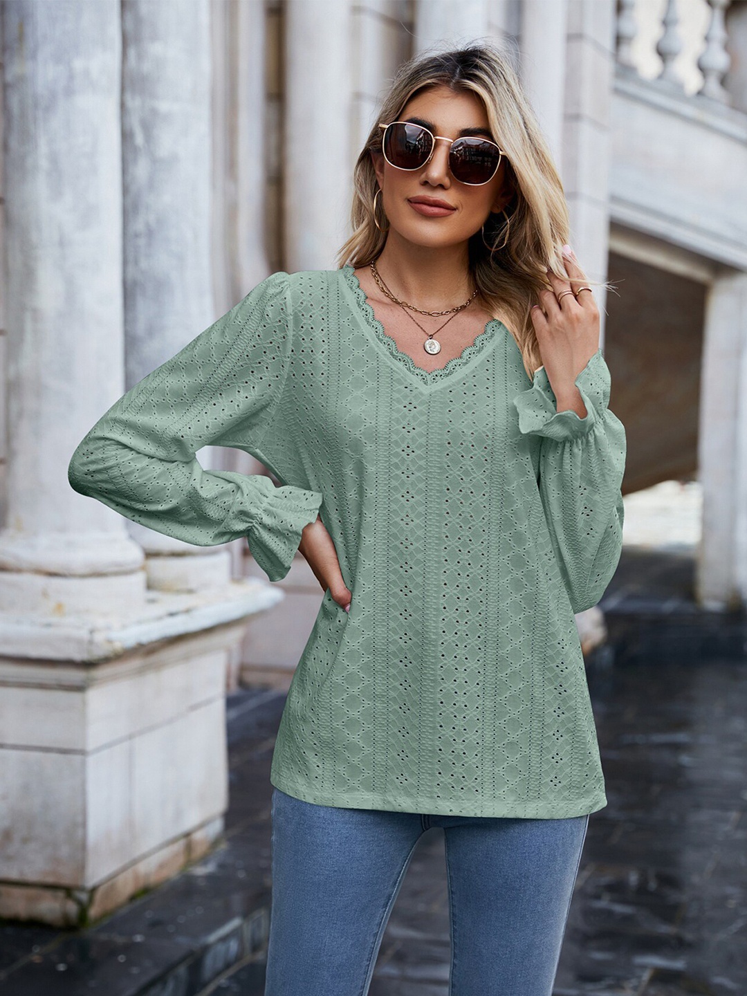 

StyleCast Green V-Neck Self Design Top