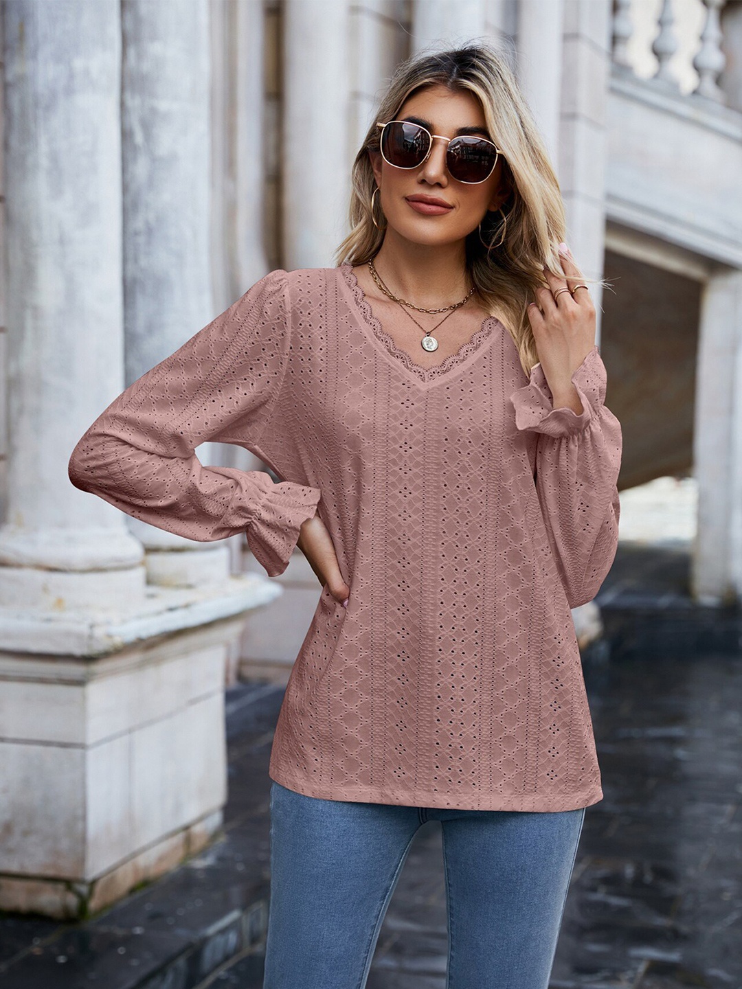 

BoStreet V-Neck Self Design Regular Tops, Pink