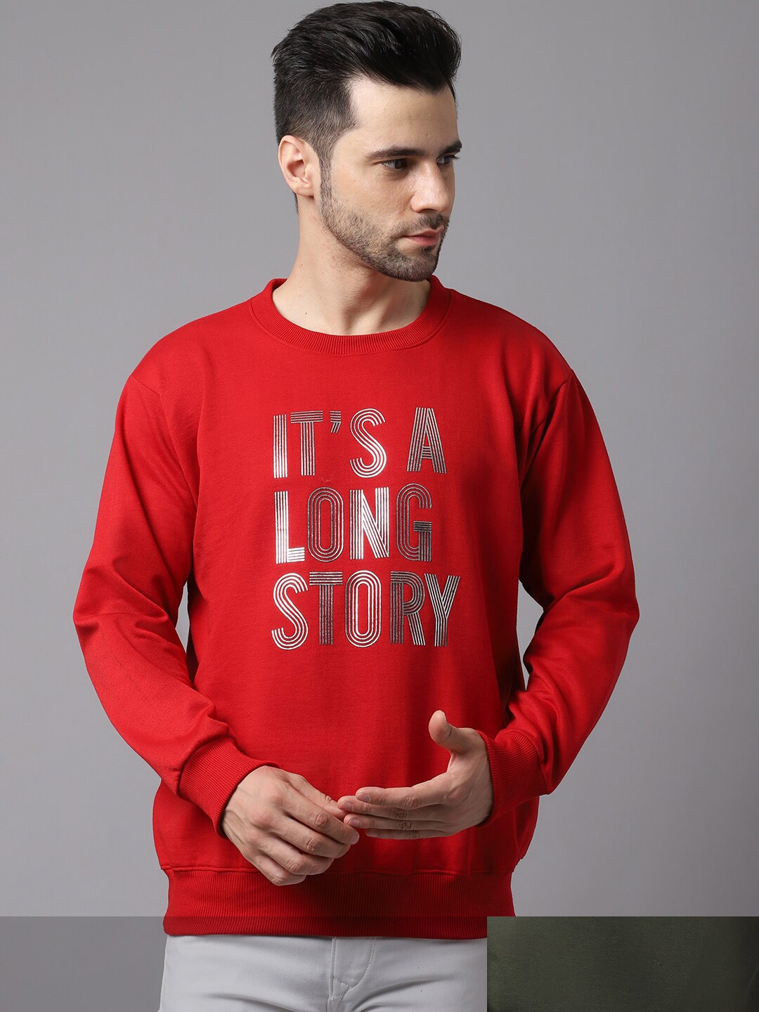 

VIMAL JONNEY Men Pack of 2 Red & Olive Printed Round Neck Fleece Sweatshirt