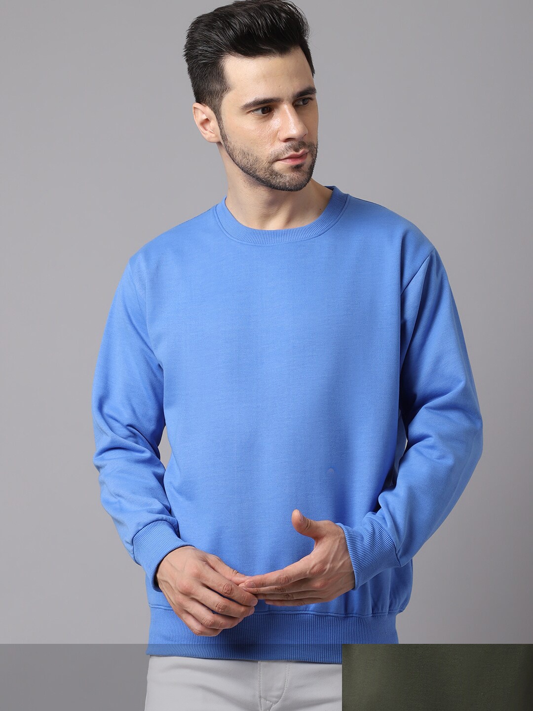 

VIMAL JONNEY Men Pack of 2 Blue & Olive Solid Round Neck Fleece Sweatshirt