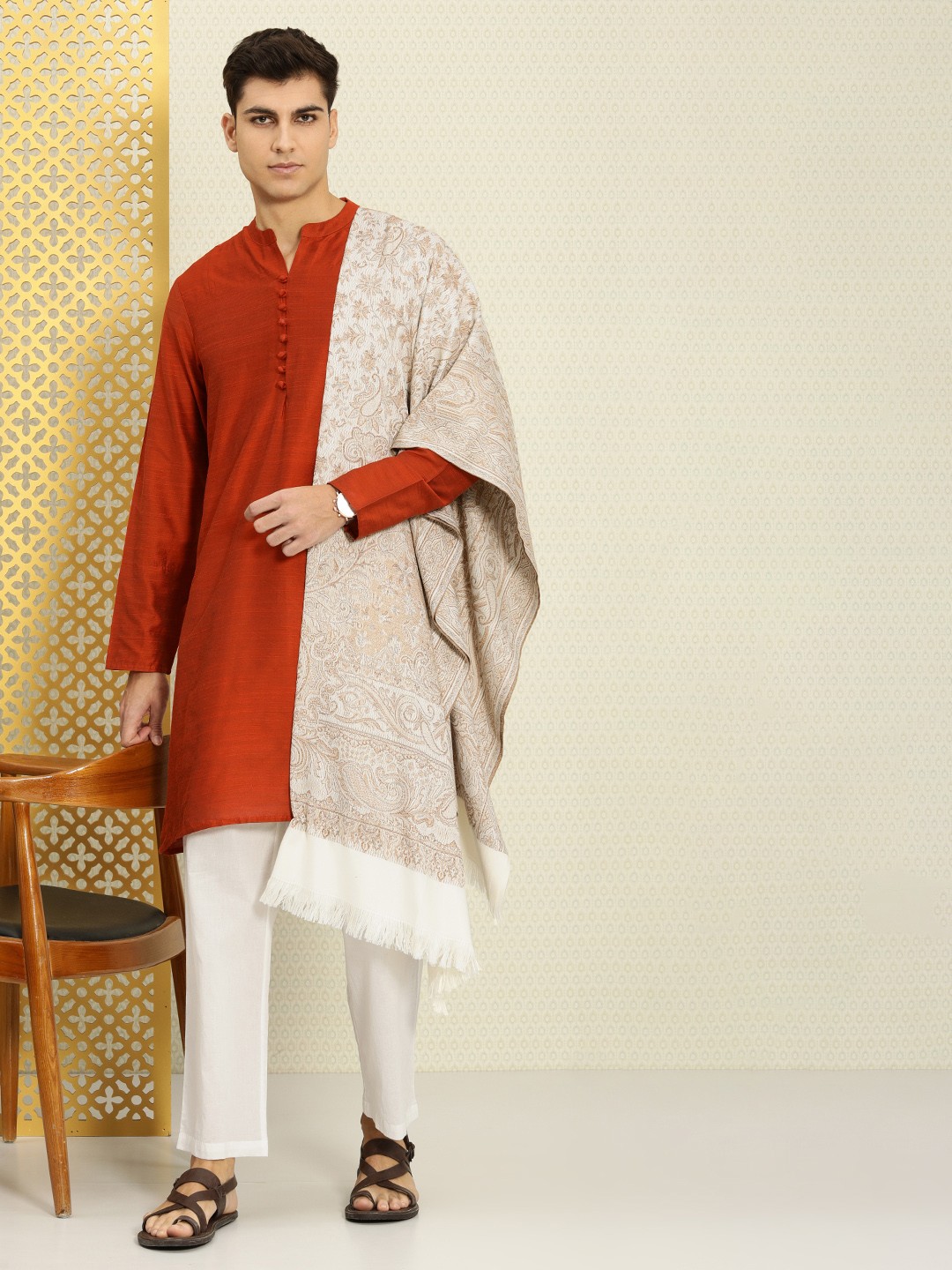 

House of Pataudi Men Patchwork Kurta with Trousers & Shawl, Rust