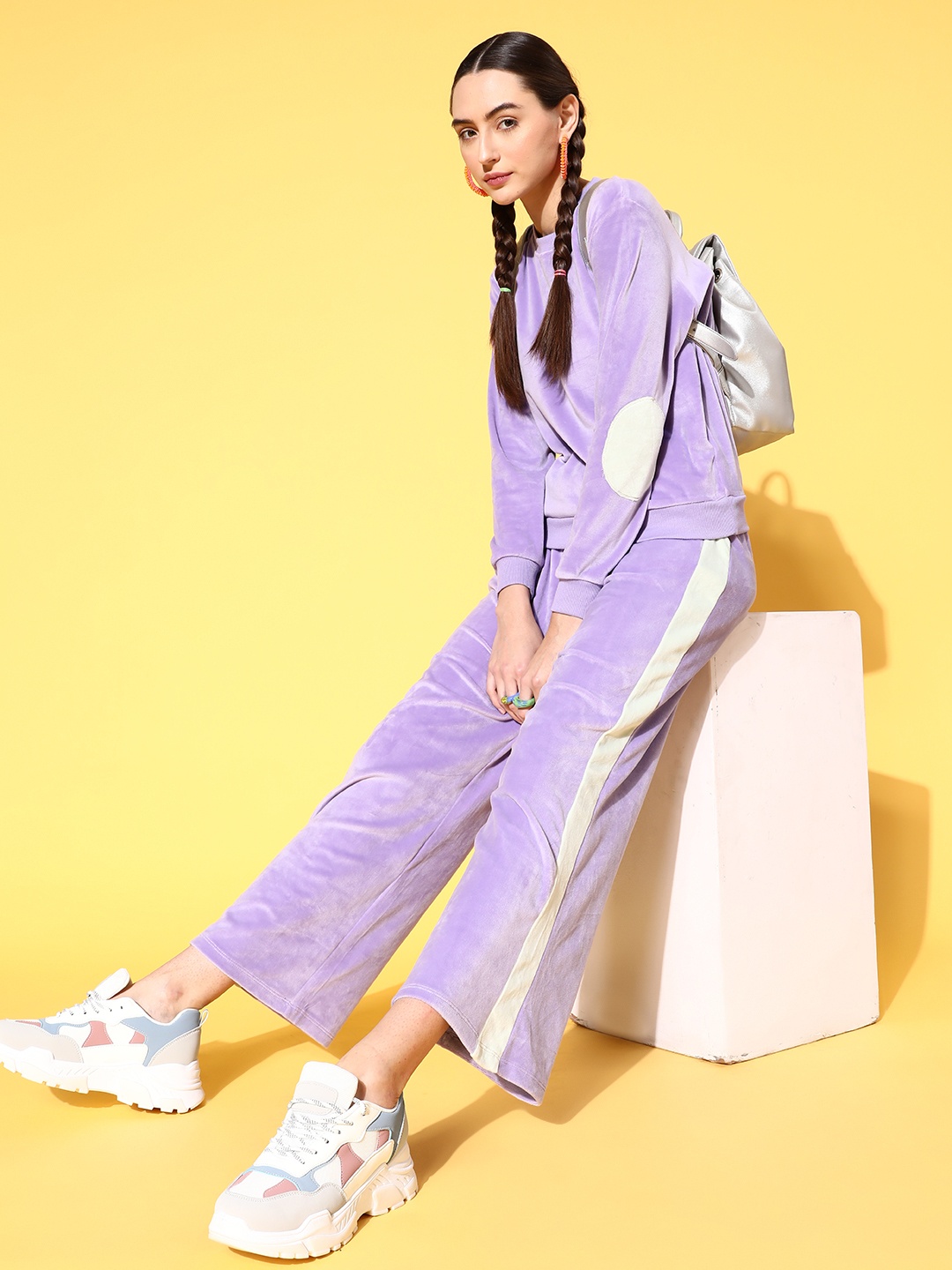 

SASSAFRAS Women Lavender Solid Sweatshirt with Trousers