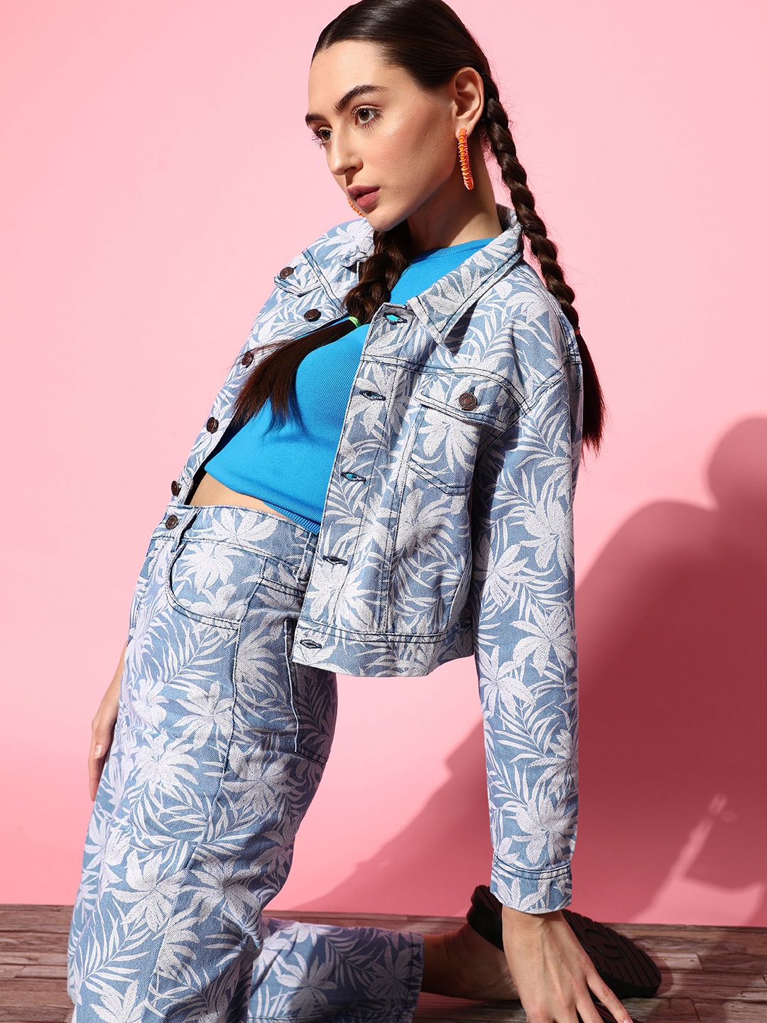 

SASSAFRAS Women Gorgeous Blue Floral Crafted Denim Jacket