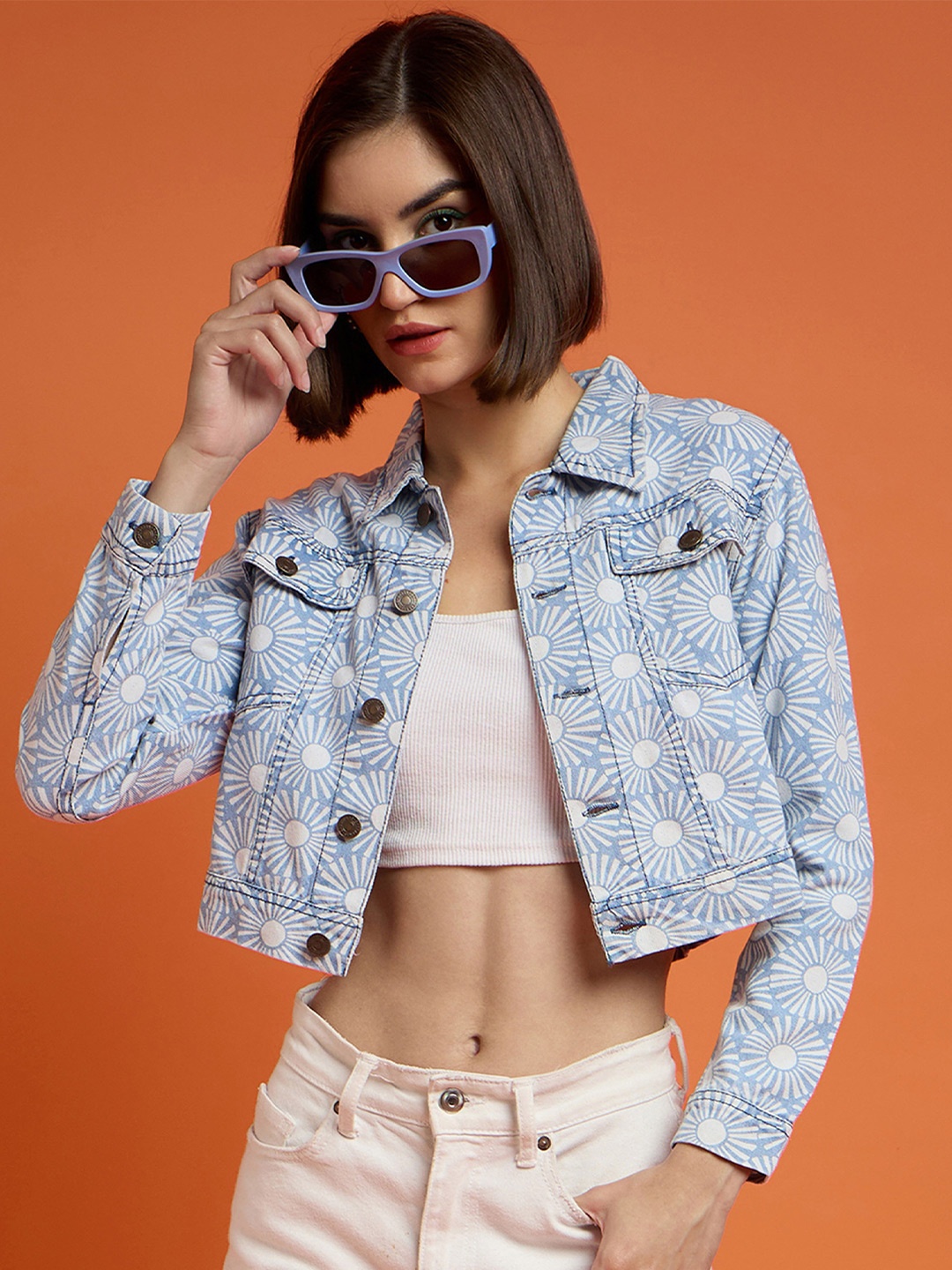 

SASSAFRAS Women Gorgeous Blue Floral Crafted Denim Jacket