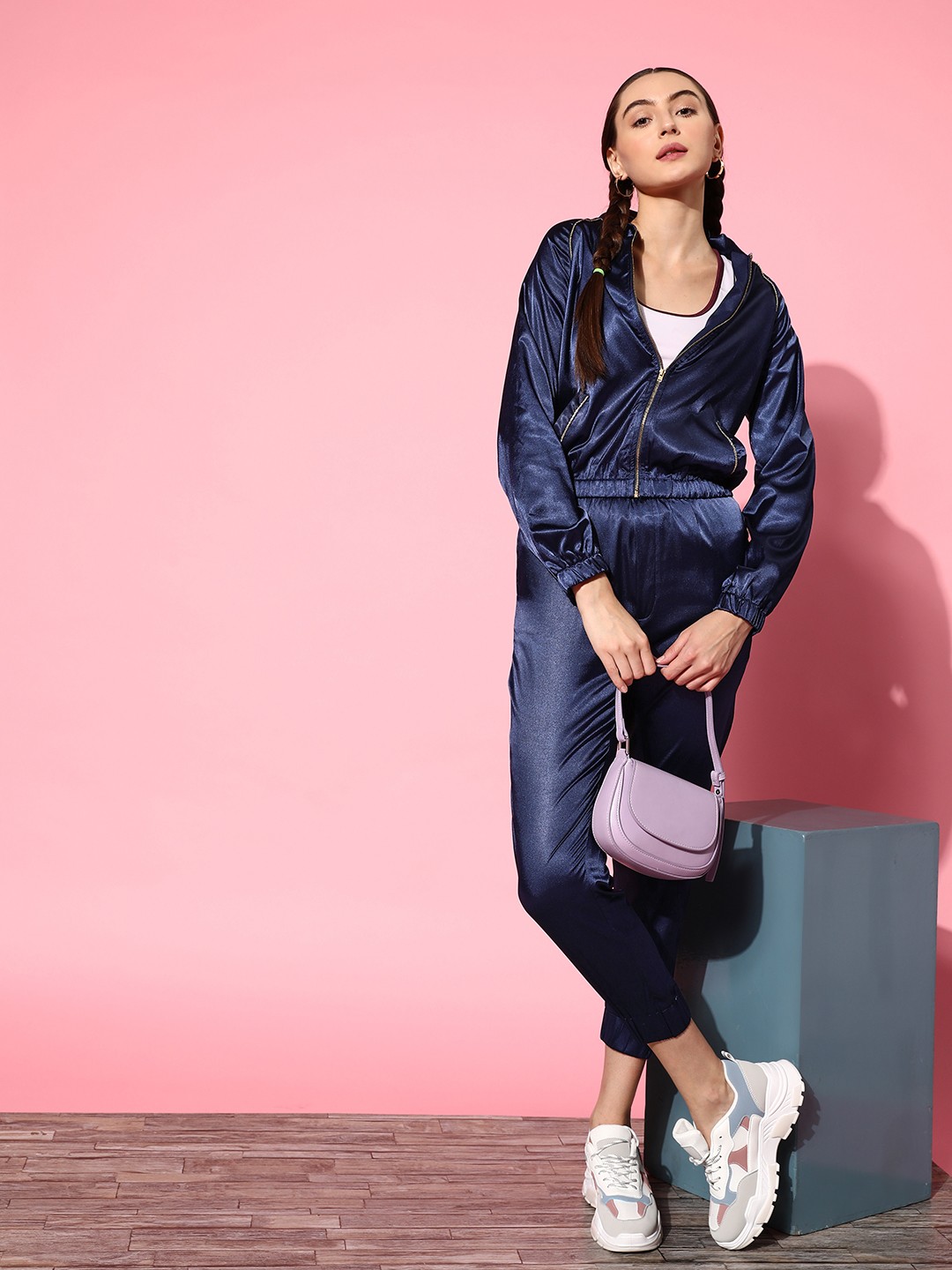 

SASSAFRAS Women Navy Blue Solid Glam Game Jacket