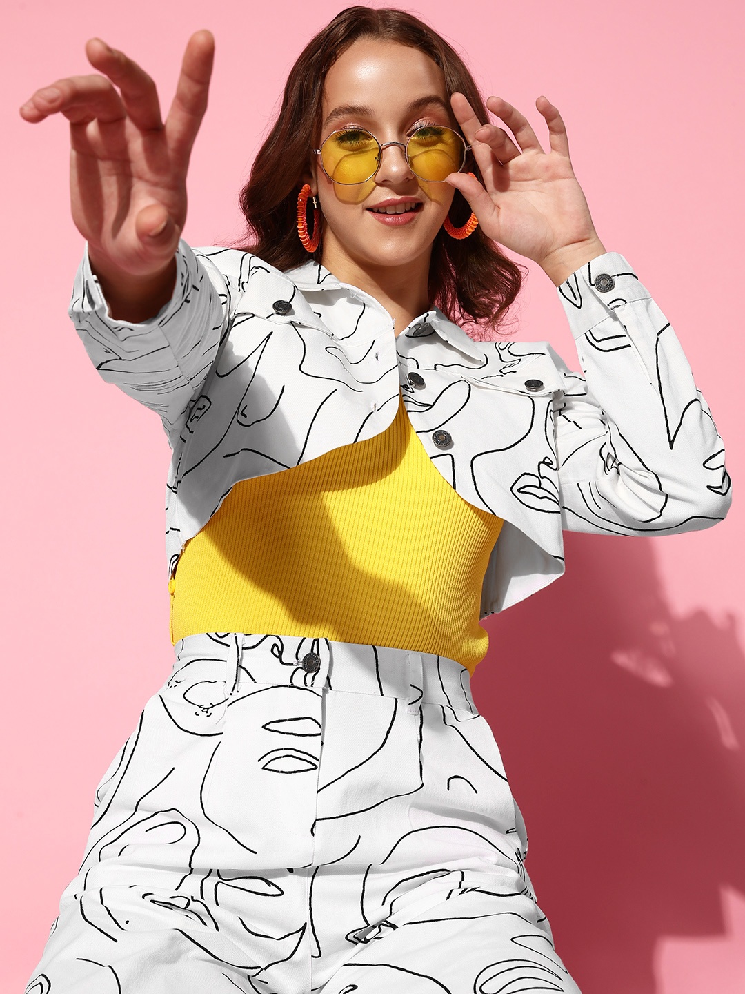 

SASSAFRAS Women White Abstract Super Cropped Jacket
