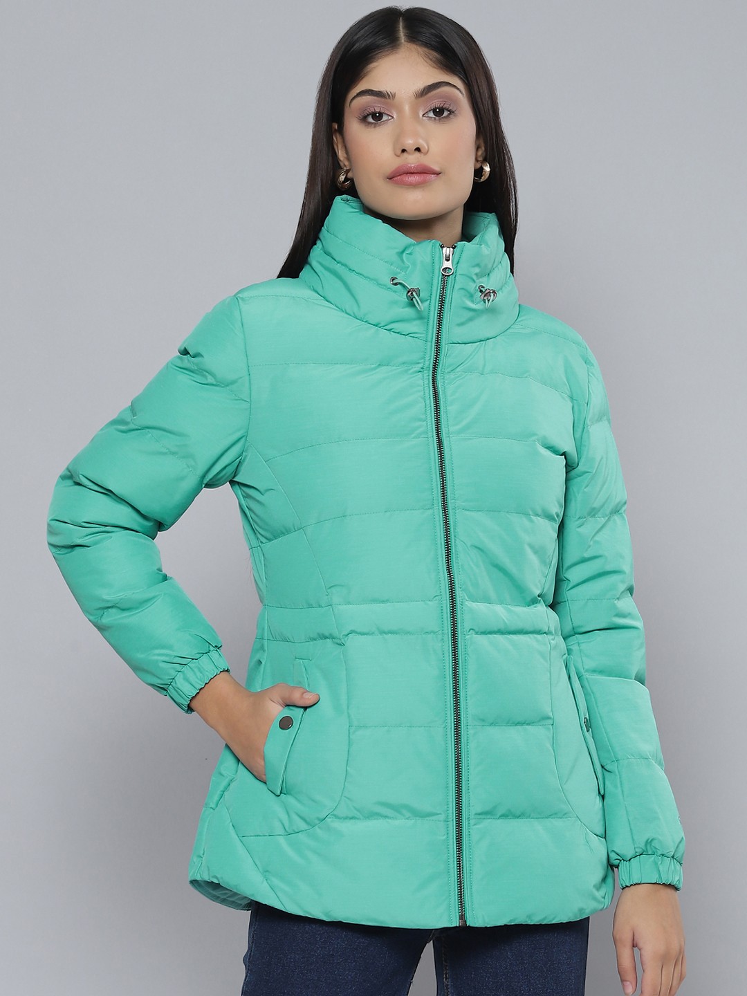 

Fort Collins Women Turquoise Blue Solid Longline Padded Jacket