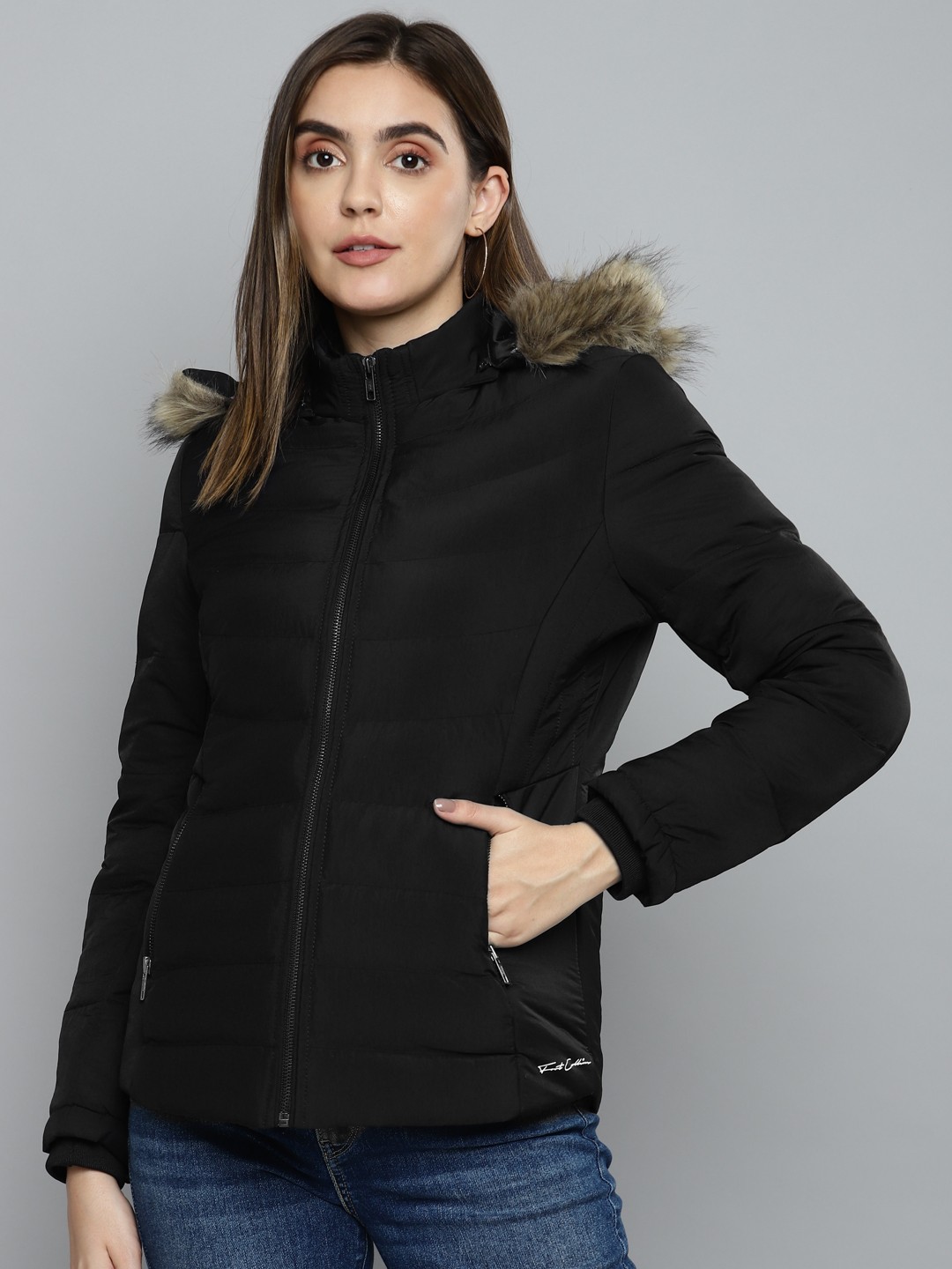 

Fort Collins Women Black Solid Parka Jacket With Detachable Hood