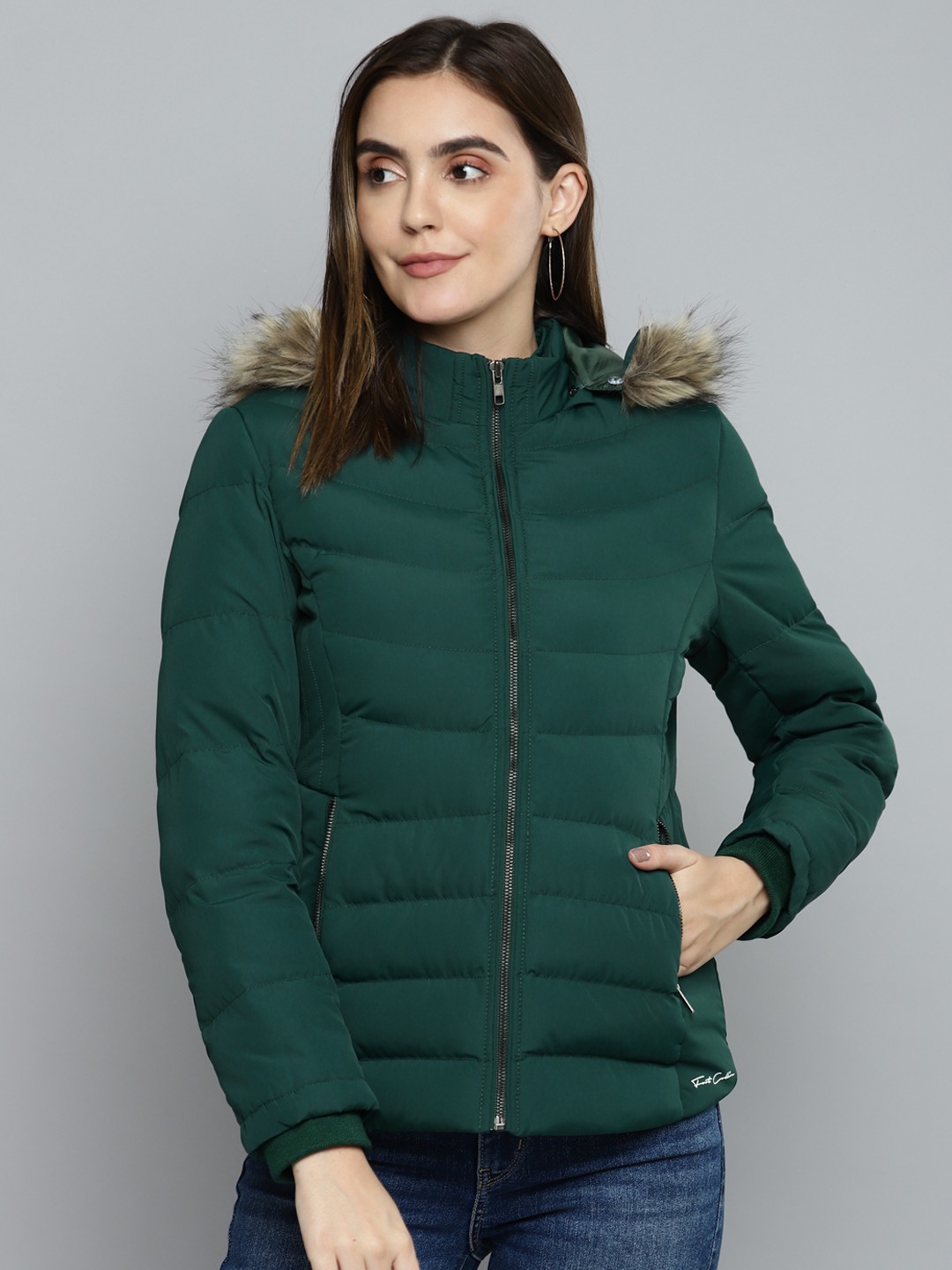 

Fort Collins Women Green Solid Parka Jacket With Detachable Hood
