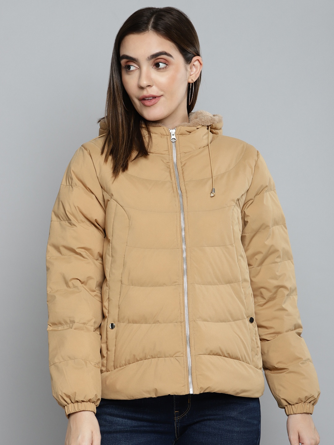 

Fort Collins Women Khaki Solid Padded Hooded Jacket