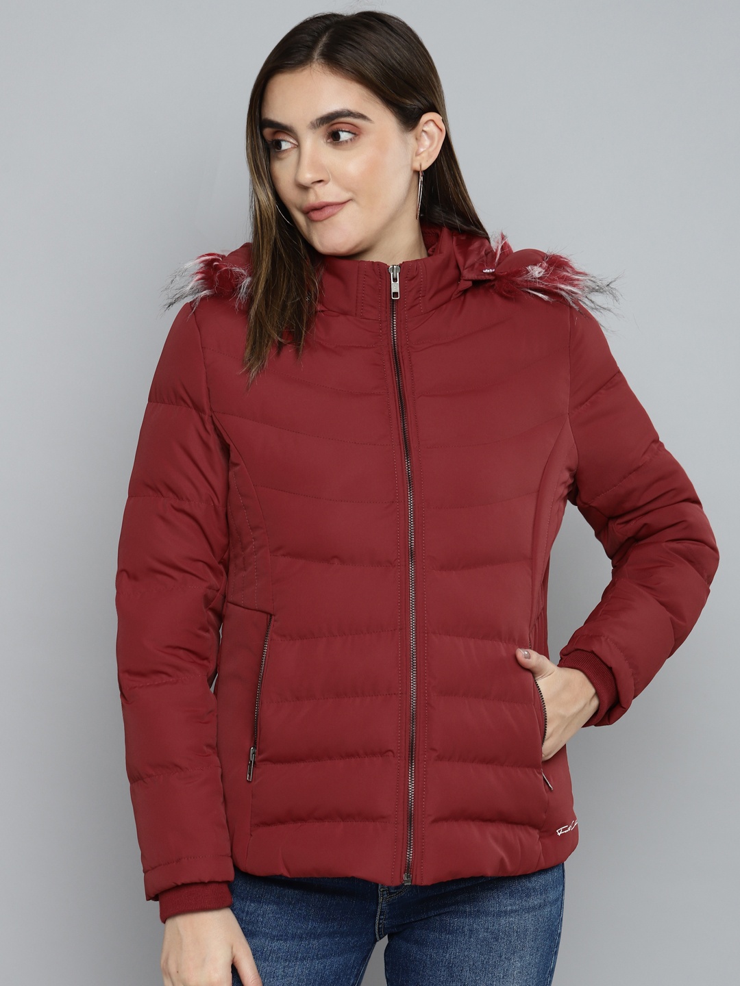 

Fort Collins Women Red Solid Parka Jacket With Detachable Hood