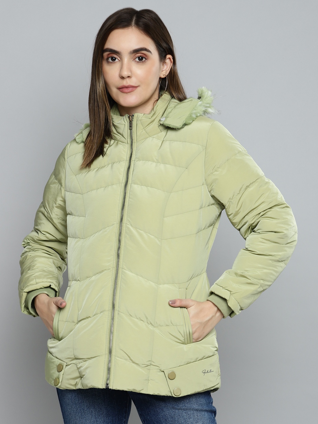 

Fort Collins Women Green Solid Parka Jacket With Detachable Hood