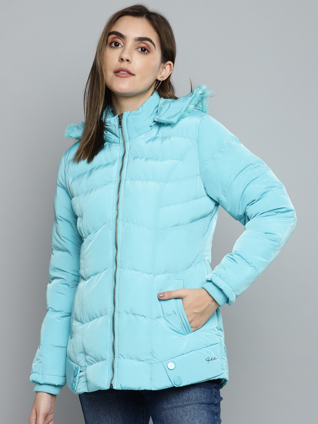 

Fort Collins Women Blue Solid Detachable Hood Padded Jacket