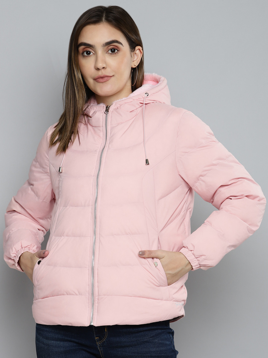 

Fort Collins Women Pink Solid Detachable Hood Padded Jacket