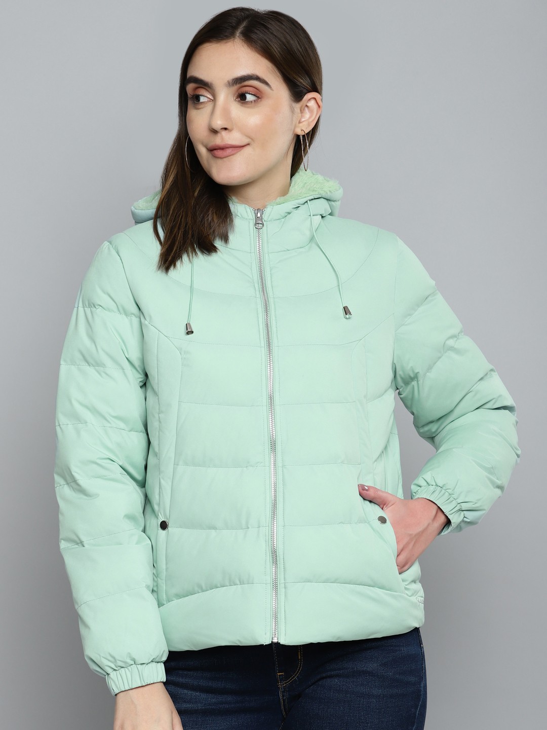 

Fort Collins Women Mint Green Solid Detachable Hood Padded Jacket