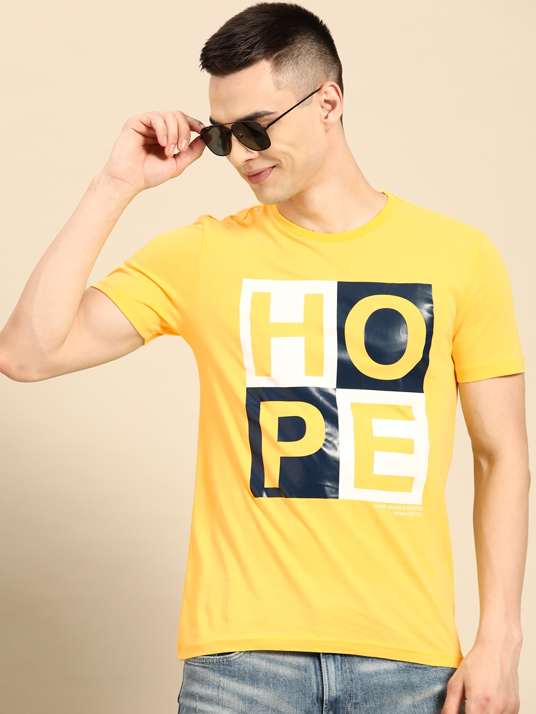 

United Colors of Benetton Typography Printed Pure Cotton T-shirt, Yellow