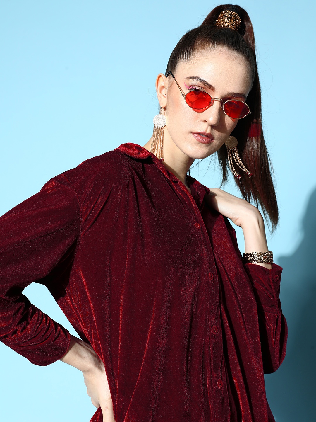 

SASSAFRAS Women Lovely Burgundy Solid Velvet Shirt