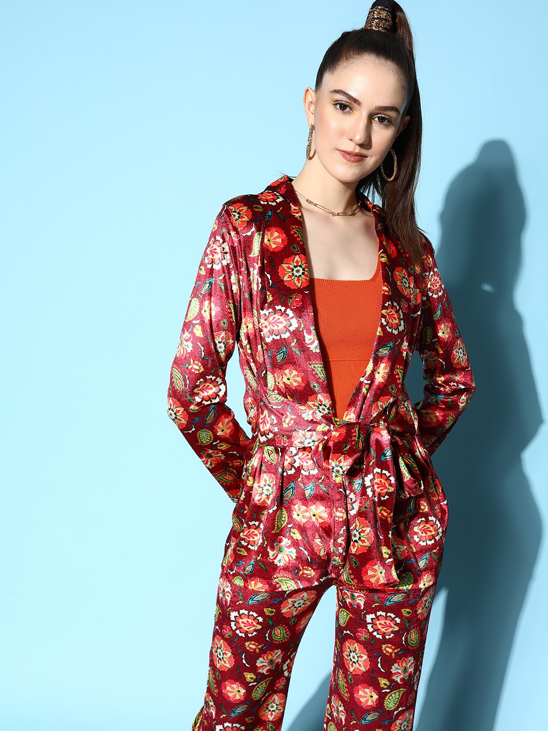 

SASSAFRAS Women Maroon Floral Belted Detail Jacket